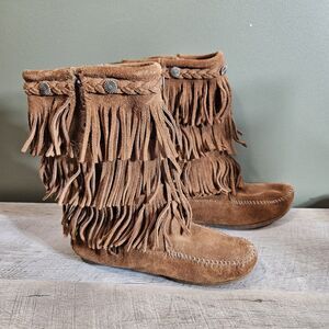 Minnetonka Womens 3 Brown Rust Suede Leather Fringe 3 Layer Tall Boots Moccasin